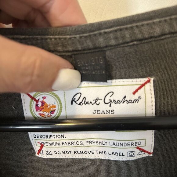 Robert Graham Jeans Shirt Mens 3XL Gray V Neck Pocket Distressed Stitch Cotton - Picture 6 of 12